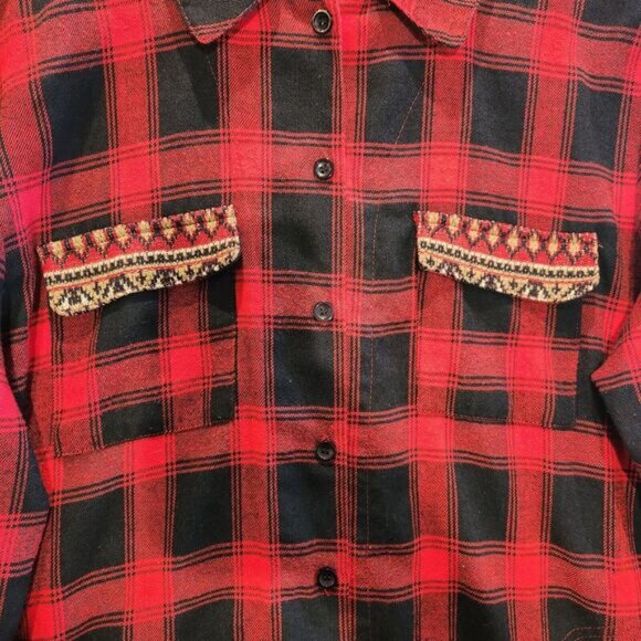 Altar'd State Womens Red Black Fair Isle Trimmed Button Up Shirt Size M Western - Picture 2 of 12